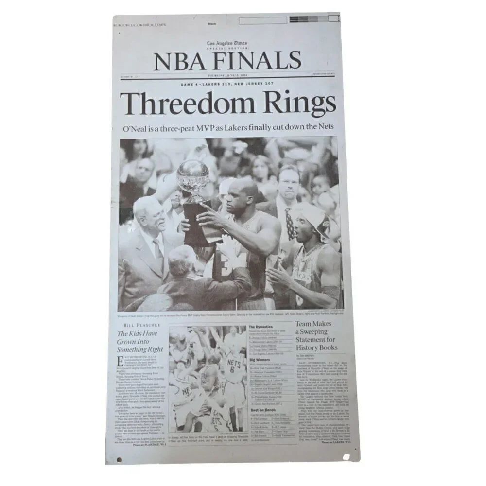 Vintage LA Times Printing Plate NBA Finals: Threedom Rings - June 13, 2002